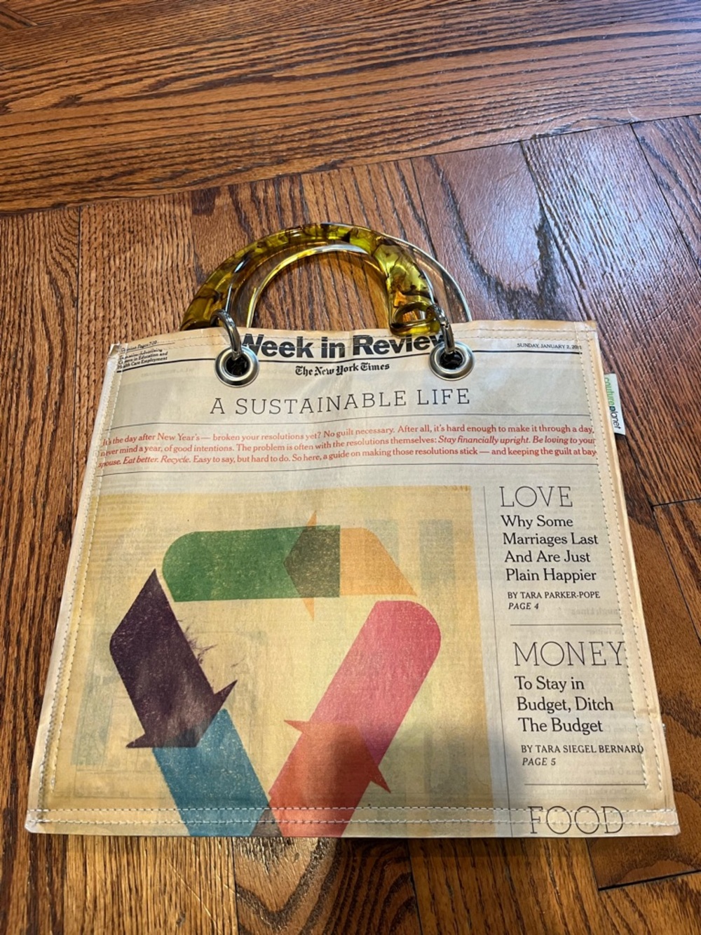 NYT Recycled Print Satchel w/ Interchangeable Tortoise/Clear Handles NWOT